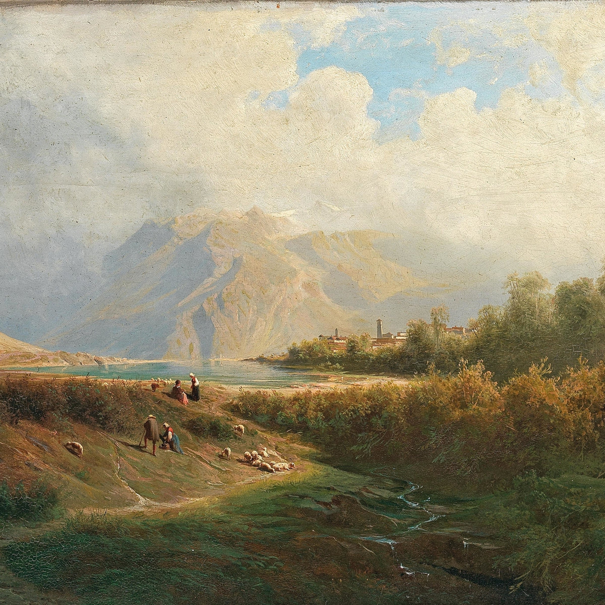 Landscape Oil Painting - Alpine Lake with Shepherds and Village