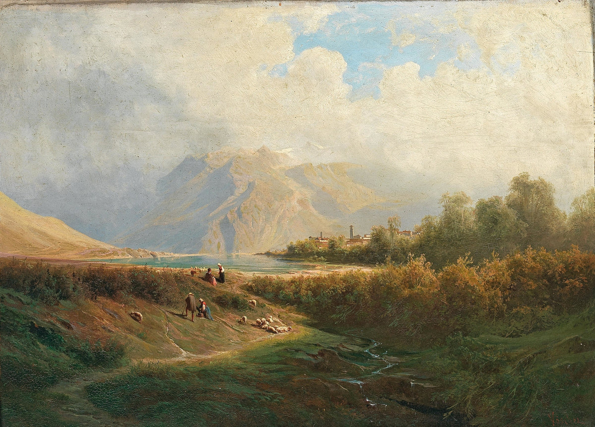 Landscape Oil Painting - Alpine Lake with Shepherds and Village