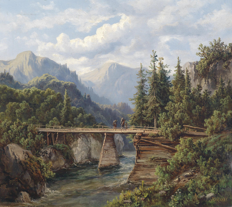 Mountain Bridge Crossing | Hand-Painted Landscape Oil Painting