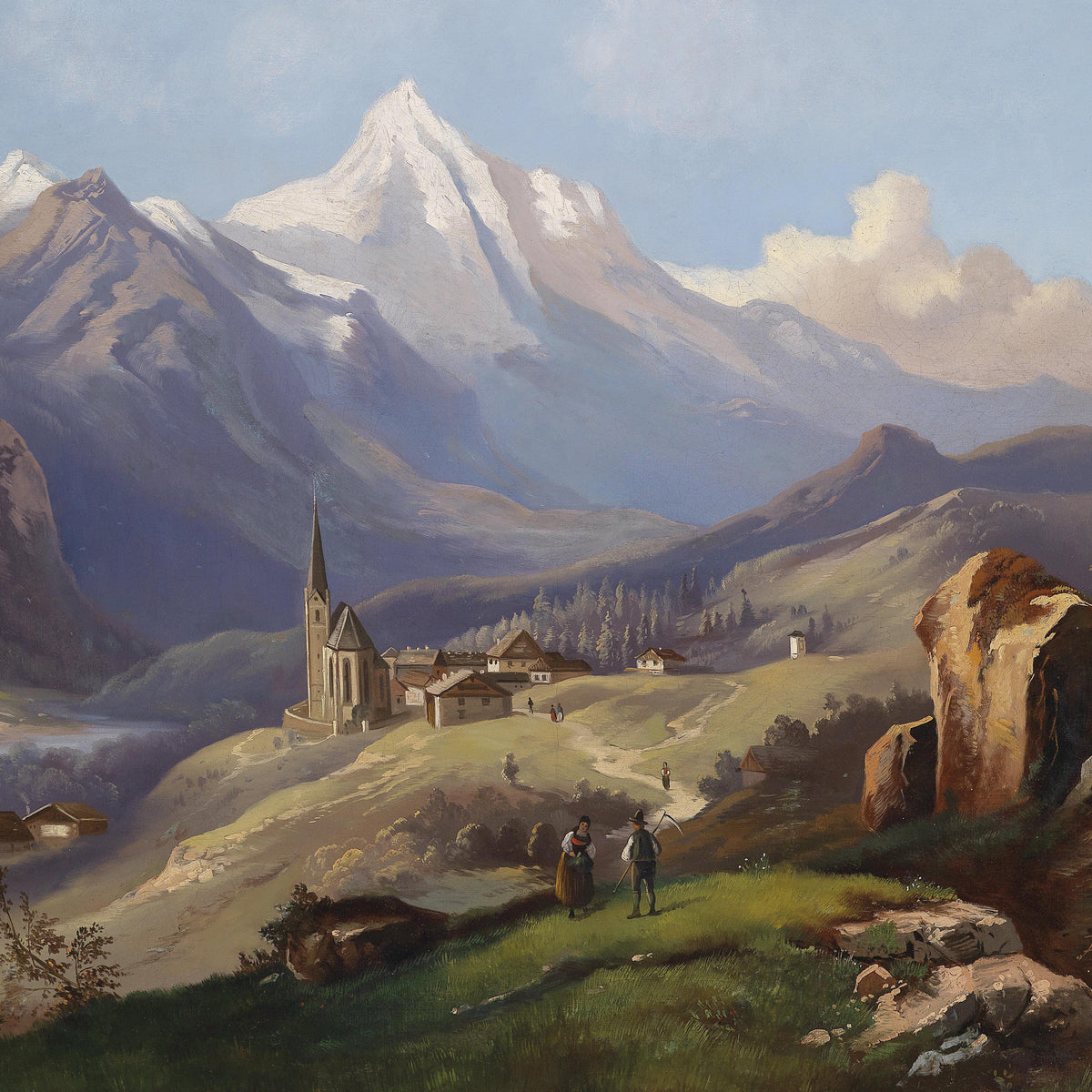 Alpine Village with Church | Hand-Painted Landscape Oil Painting
