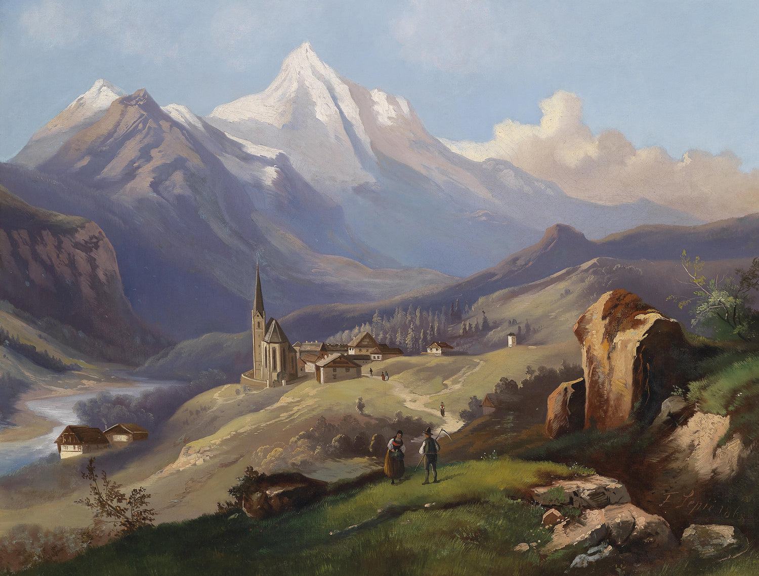 Alpine Village with Church | Hand-Painted Landscape Oil Painting