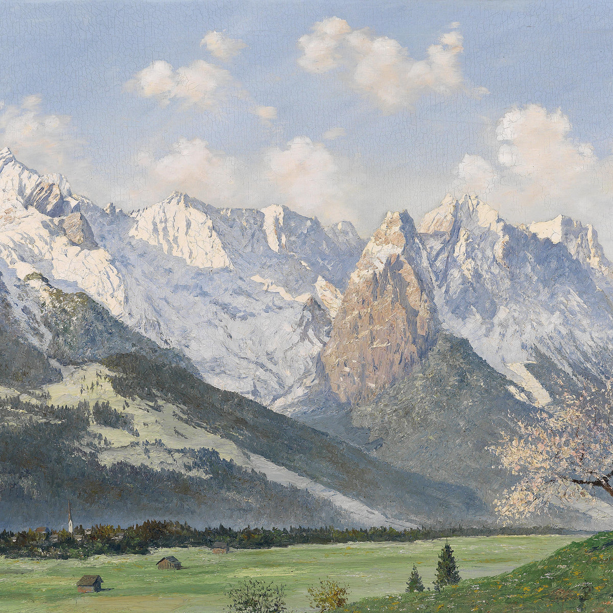 Snow-Capped Alpine Peaks, Valley | Hand-Painted Landscape Oil Painting