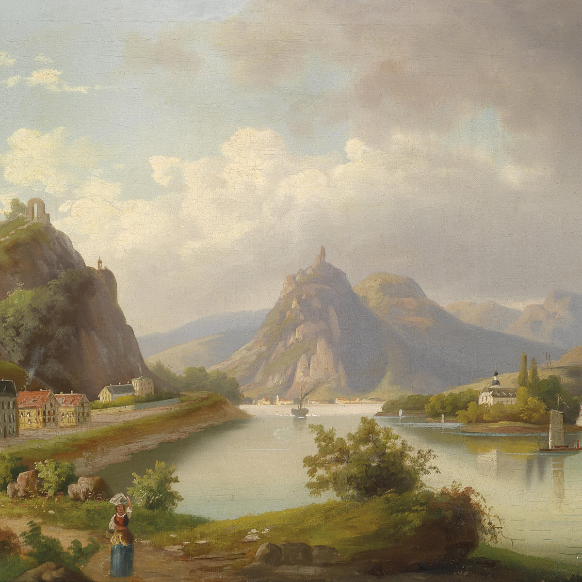 Riverside Town, Distant Mountains | Hand-Painted Landscape Oil Painting