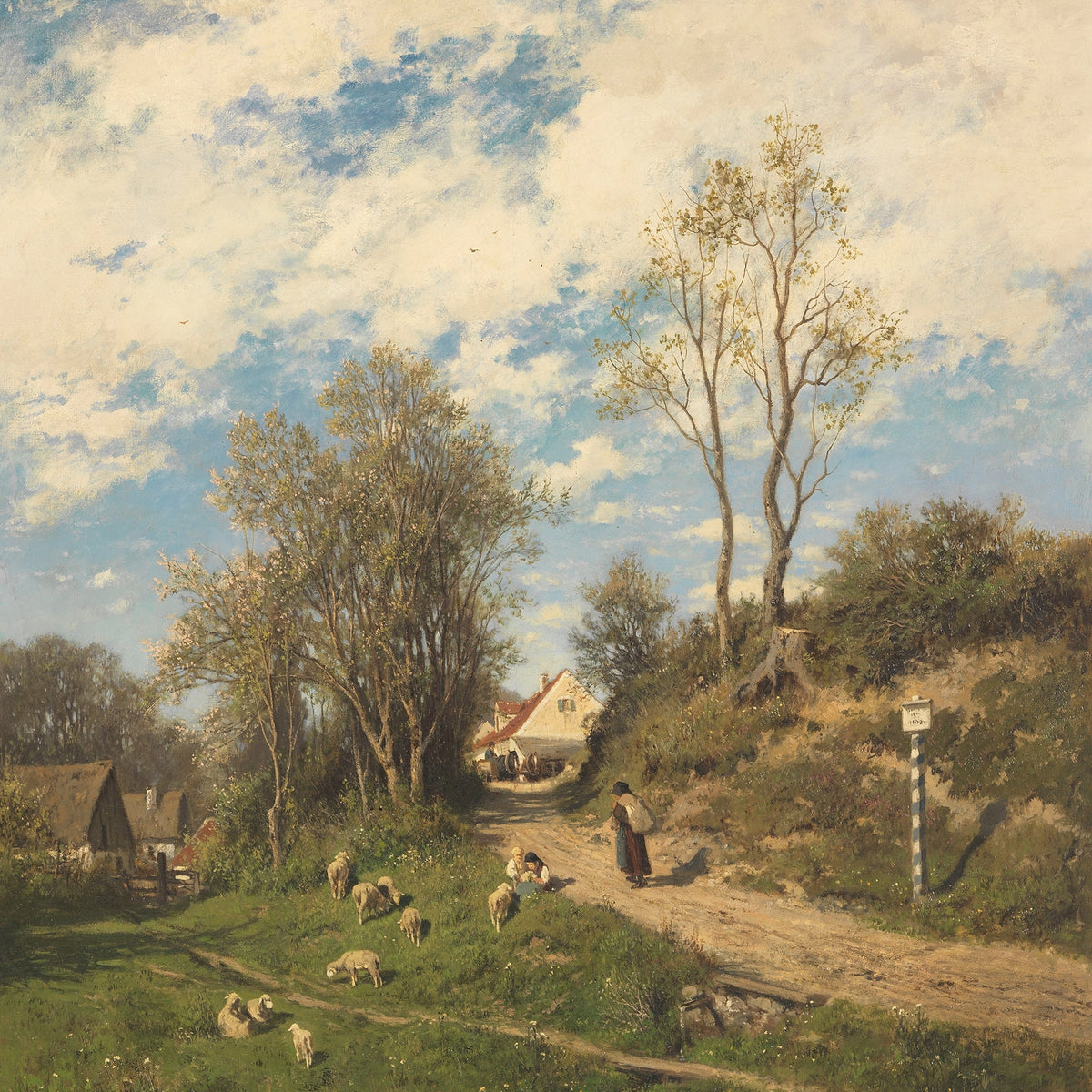 Landschaftsgemälde in Öl – Frühlingsfluss mit Fischer und Bäumen