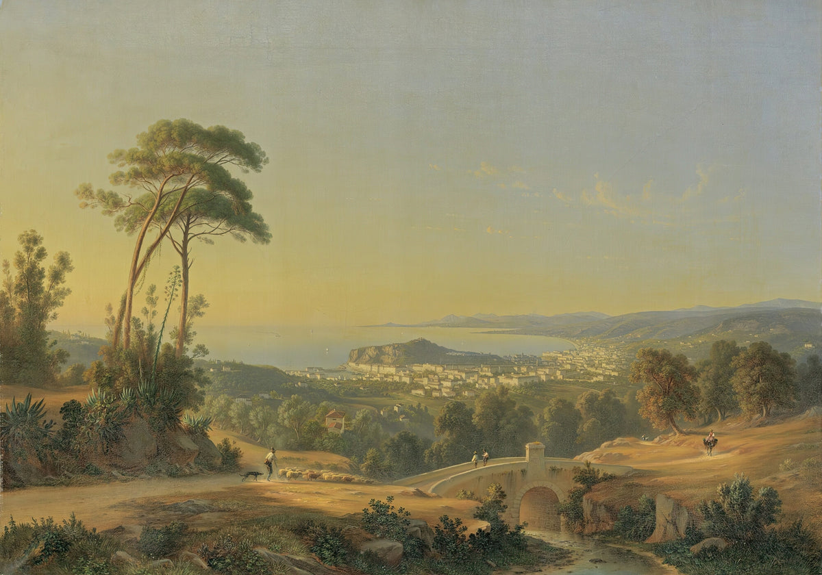 Landscape Oil Painting - Coastal City, Stone Bridge and Shepherds