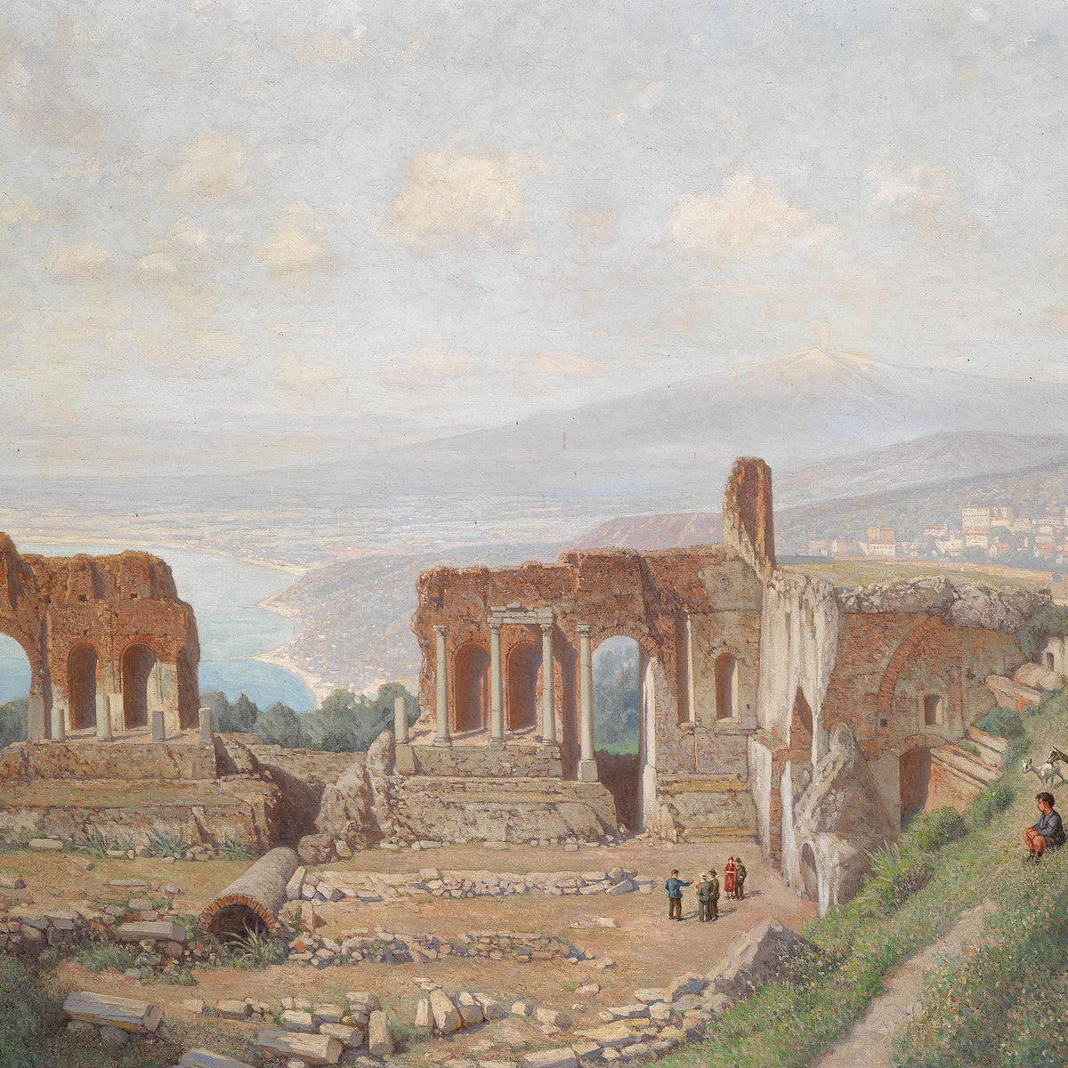Hand-painted ancient ruins overlooking coastal bay landscape oil painting on canvas