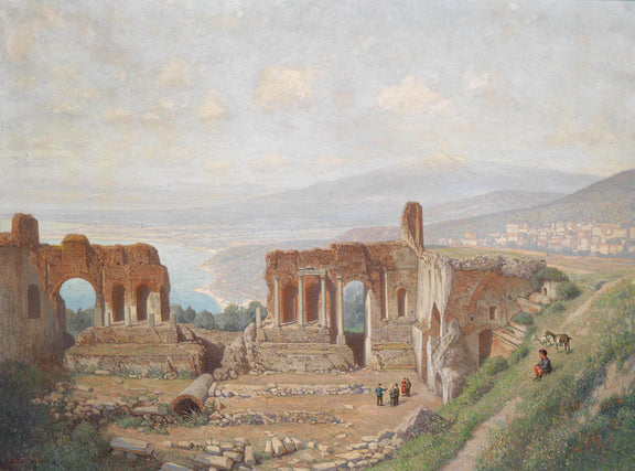 Hand-painted ancient ruins overlooking coastal bay landscape oil painting on canvas