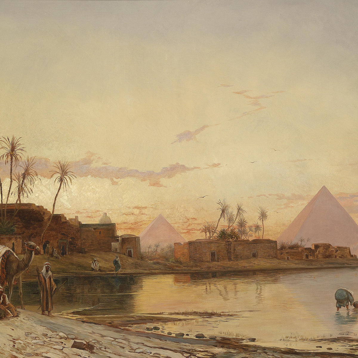 Nile Riverside at Sunset with Pyramids – Landscape Oil Painting