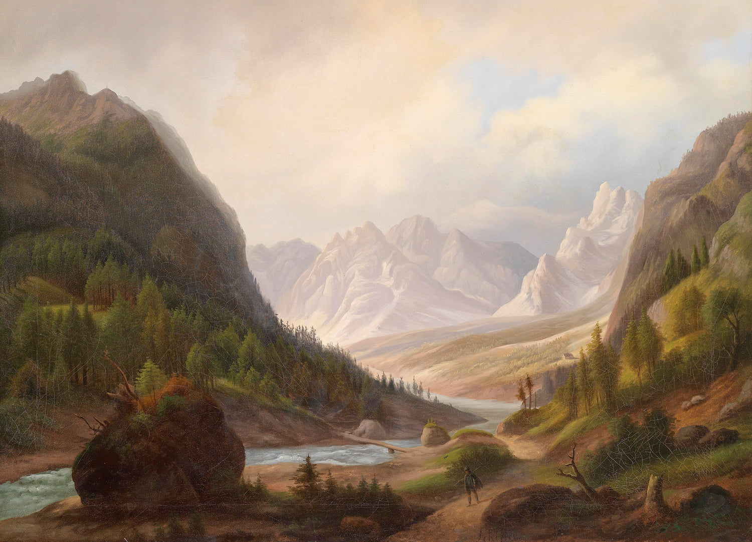 Mountain Valley and River at Dawn | Hand-Painted Landscape Oil Painting
