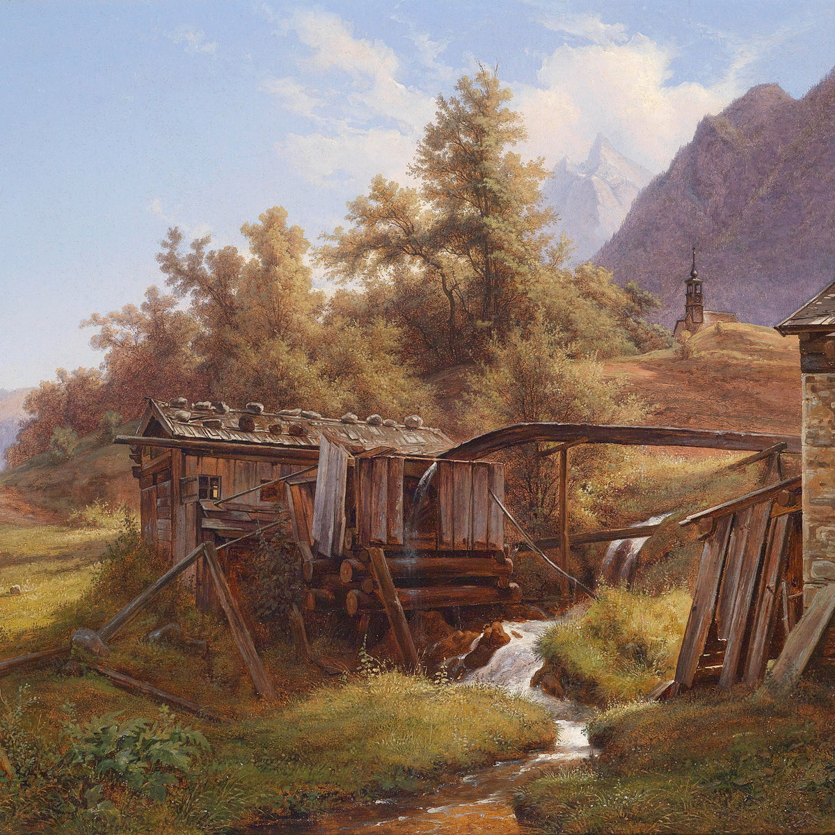 Rustic Mountain Mill by the Stream | Hand-Painted Landscape Oil Painting