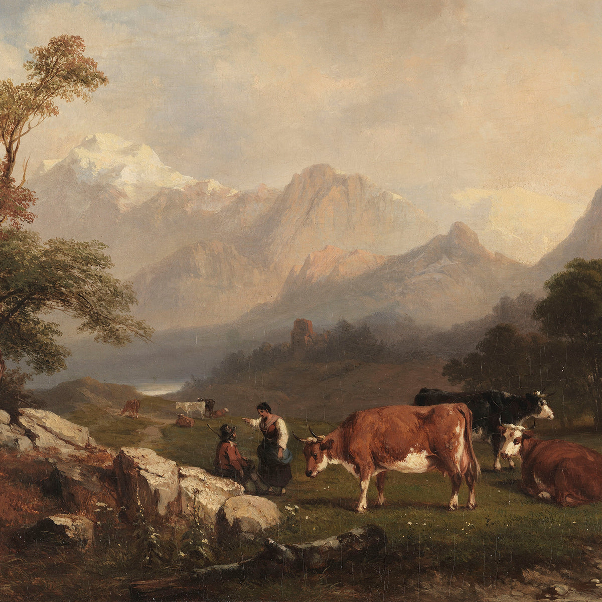 Alpine Weide mit Rindern und Bergen | Handgemaltes Ölgemälde