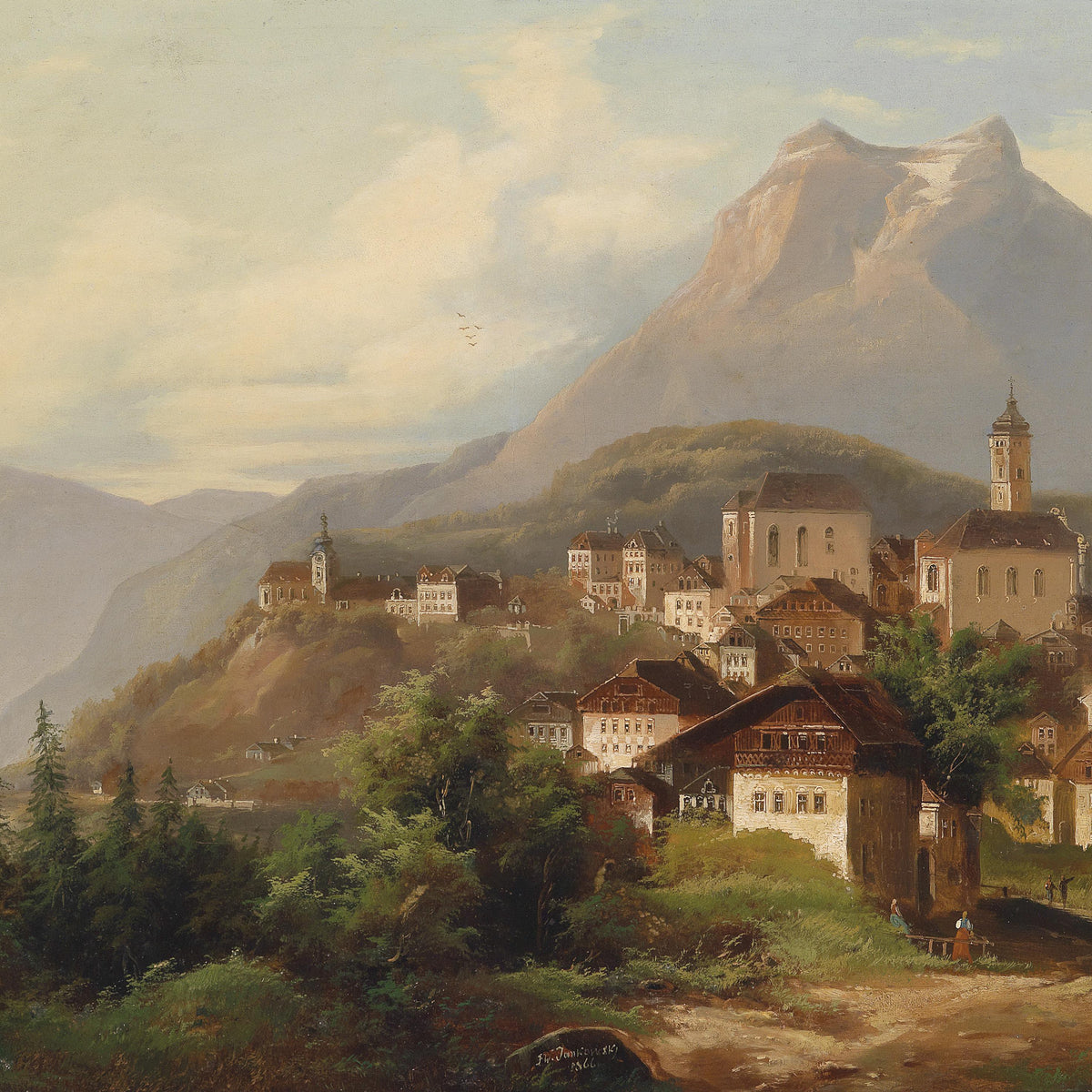 Alpine Village by the Lake | Hand-Painted Landscape Oil Painting