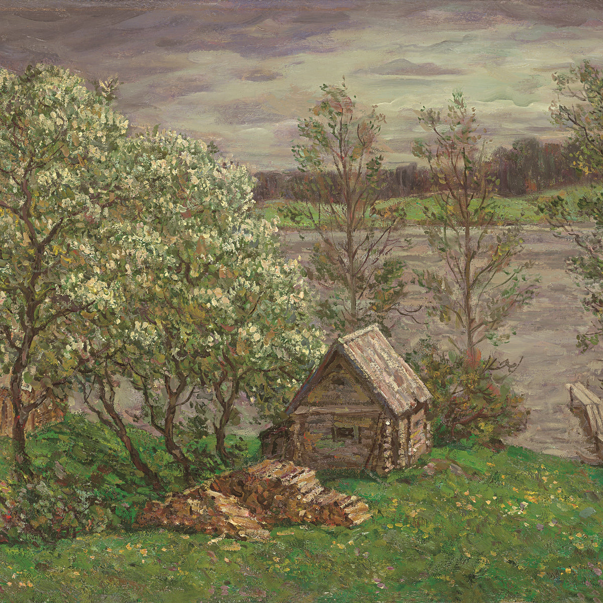 Landscape Oil Painting - Spring Rural, Blossoming Trees, Cabins & River