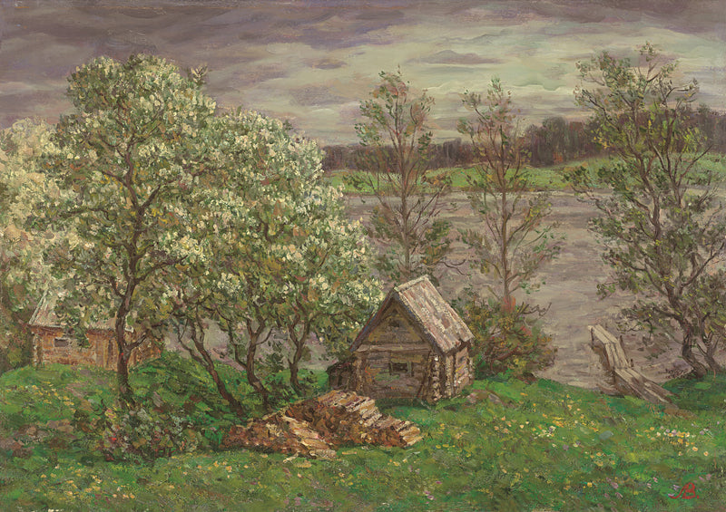 Landscape Oil Painting - Spring Rural, Blossoming Trees, Cabins & River