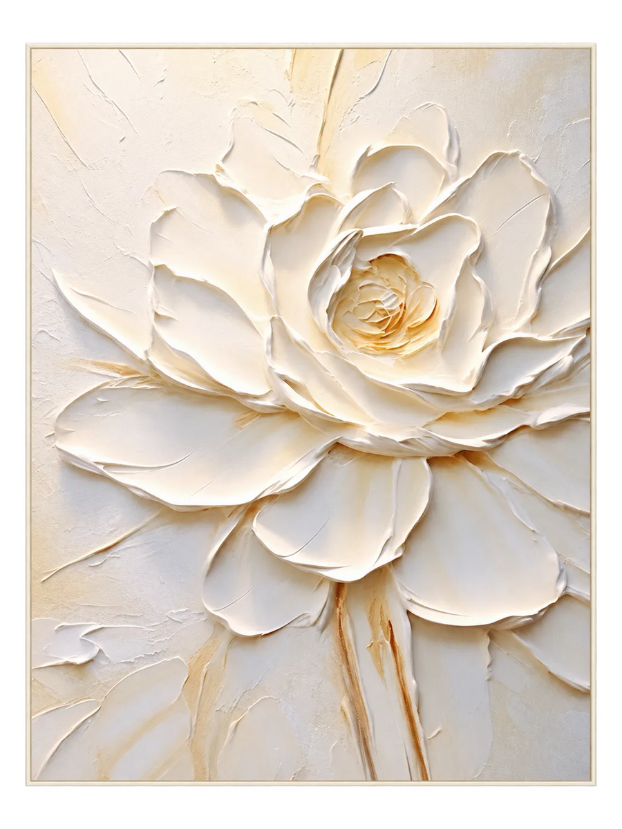 Abstract Oil Painting - White Impasto Rose Floral Canvas Wall Art
