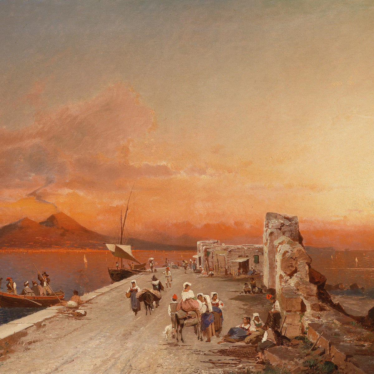 Sunset Harbor with Sailboats and Figures | Hand-Painted Oil Painting