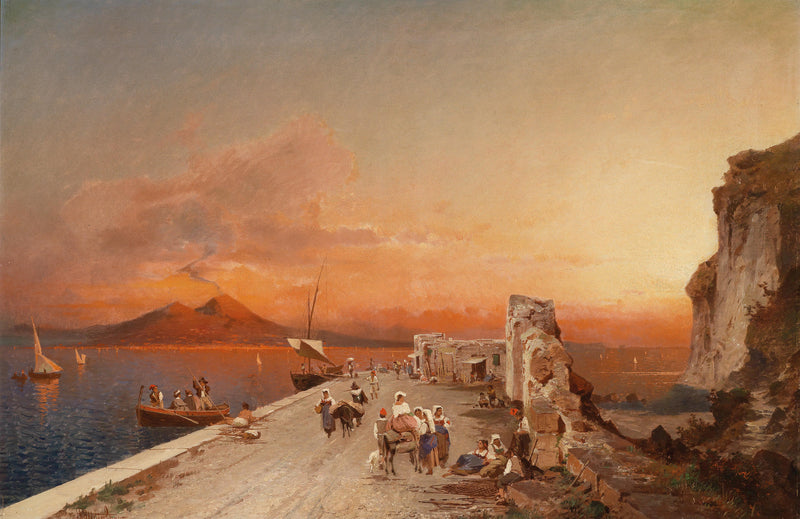 Sunset Harbor with Sailboats and Figures | Hand-Painted Oil Painting