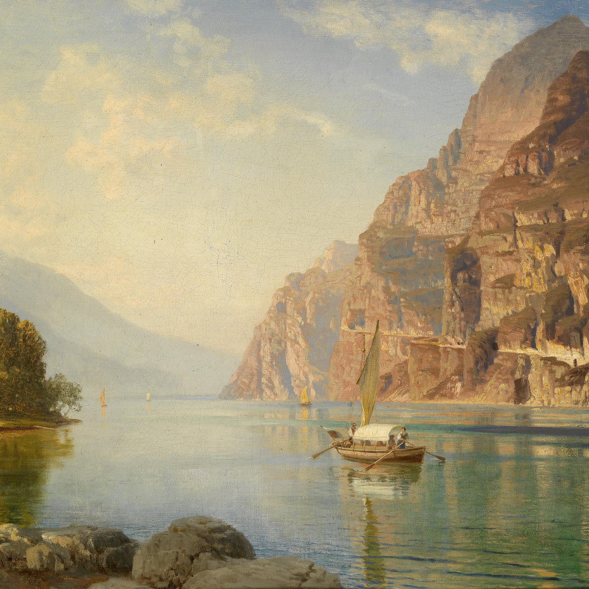 Mountain Lake with Boat | Hand-Painted Landscape Oil Painting