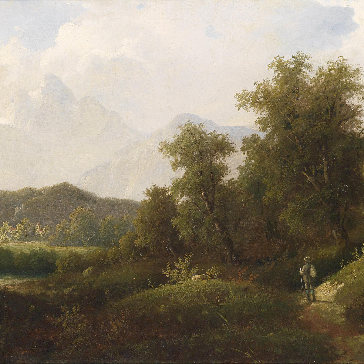 Quiet Woodland Path with Mountains | Hand-Painted Landscape Oil Painting