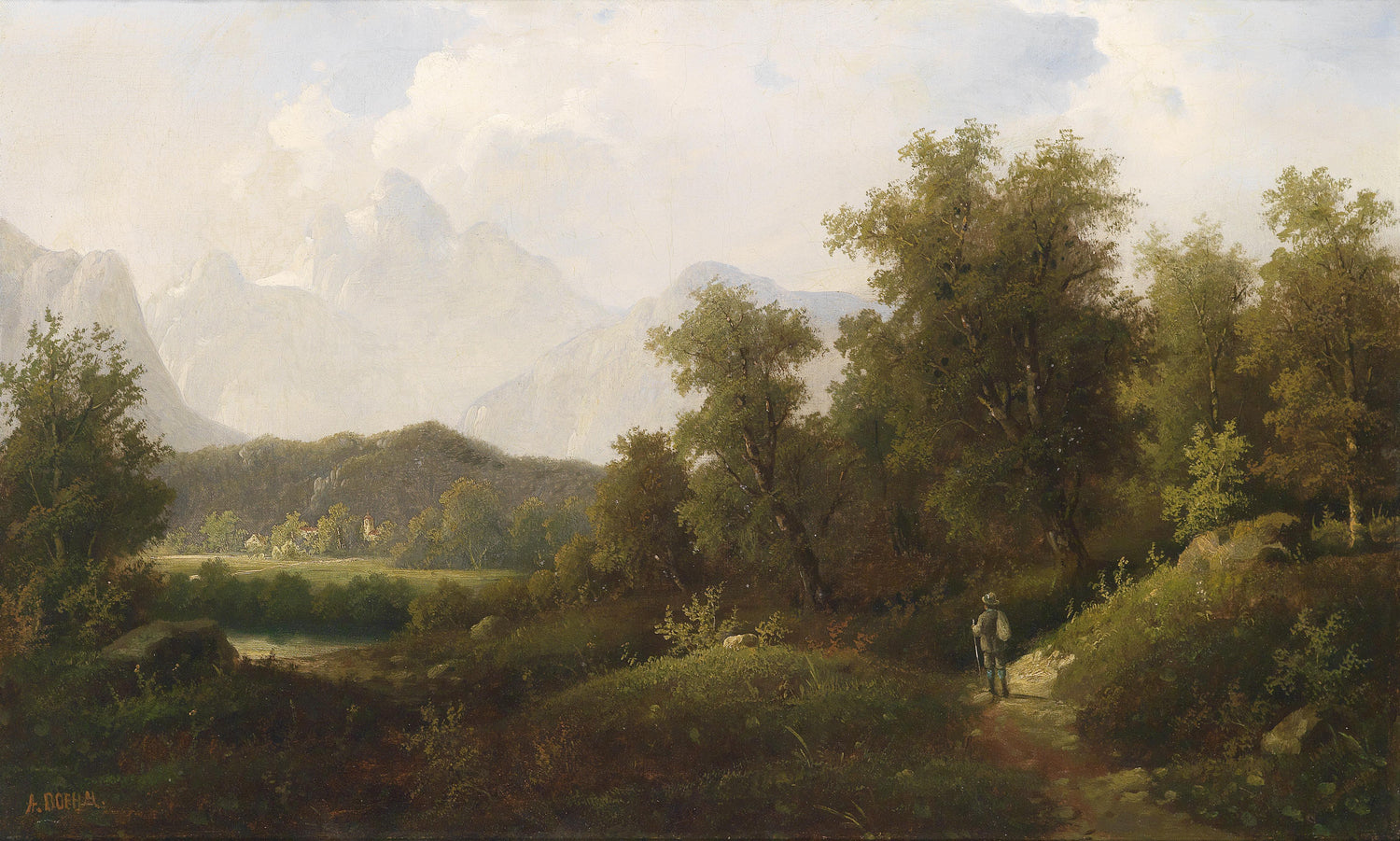 Quiet Woodland Path with Mountains | Hand-Painted Landscape Oil Painting