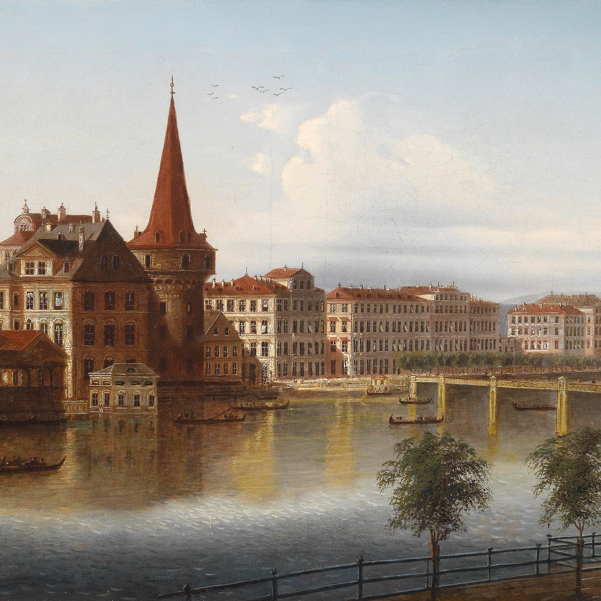 Historic Riverside Cityscape | Hand-Painted Landscape Oil Painting