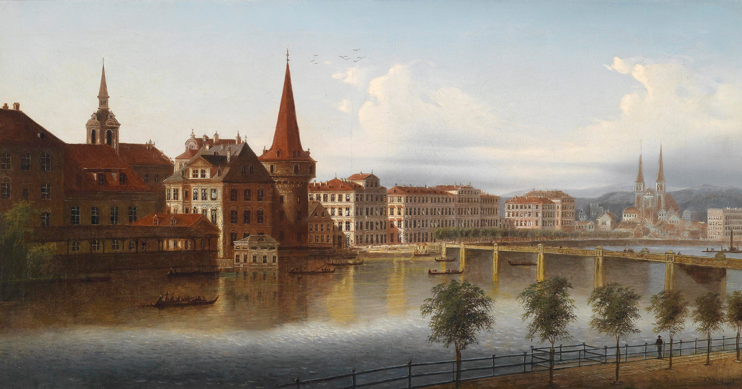 Historic Riverside Cityscape | Hand-Painted Landscape Oil Painting