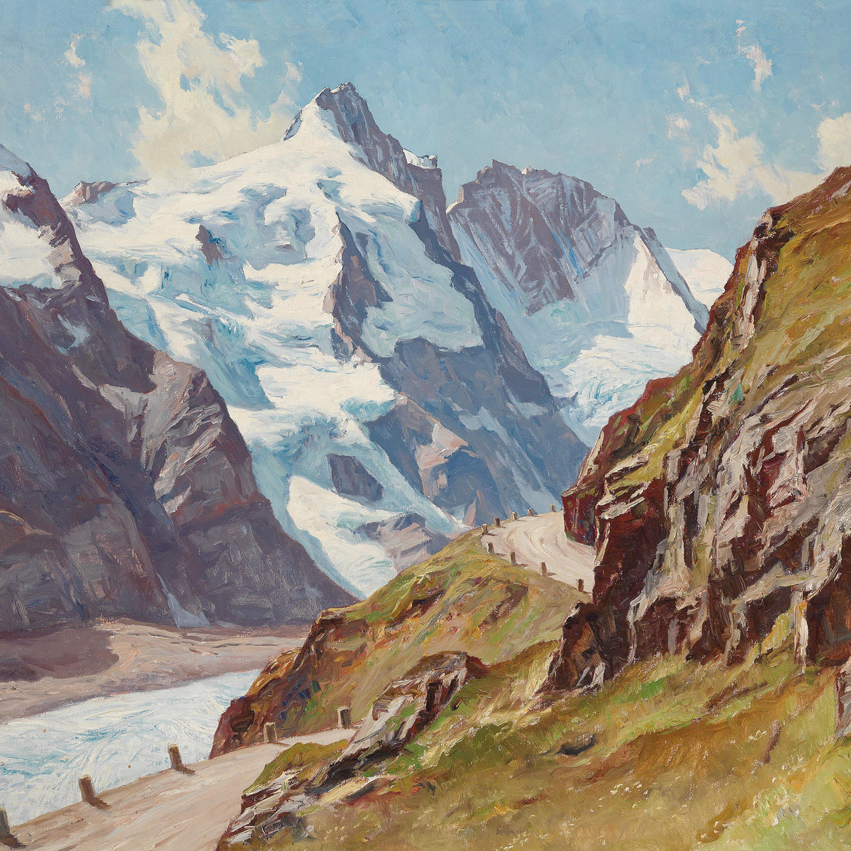 Glacier Valley and Snowy Peaks | Hand-Painted Alpine Oil Painting