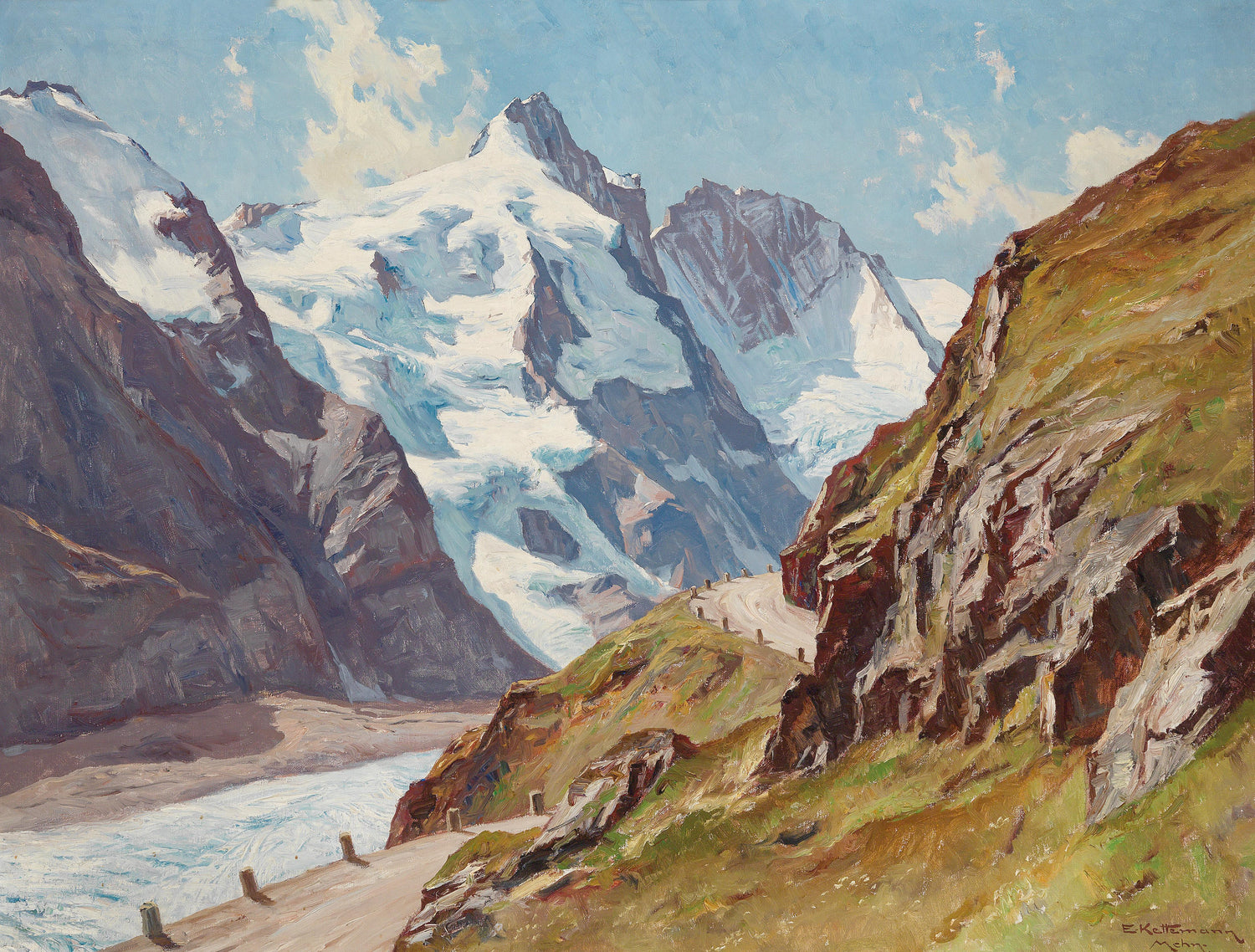 Glacier Valley and Snowy Peaks | Hand-Painted Alpine Oil Painting