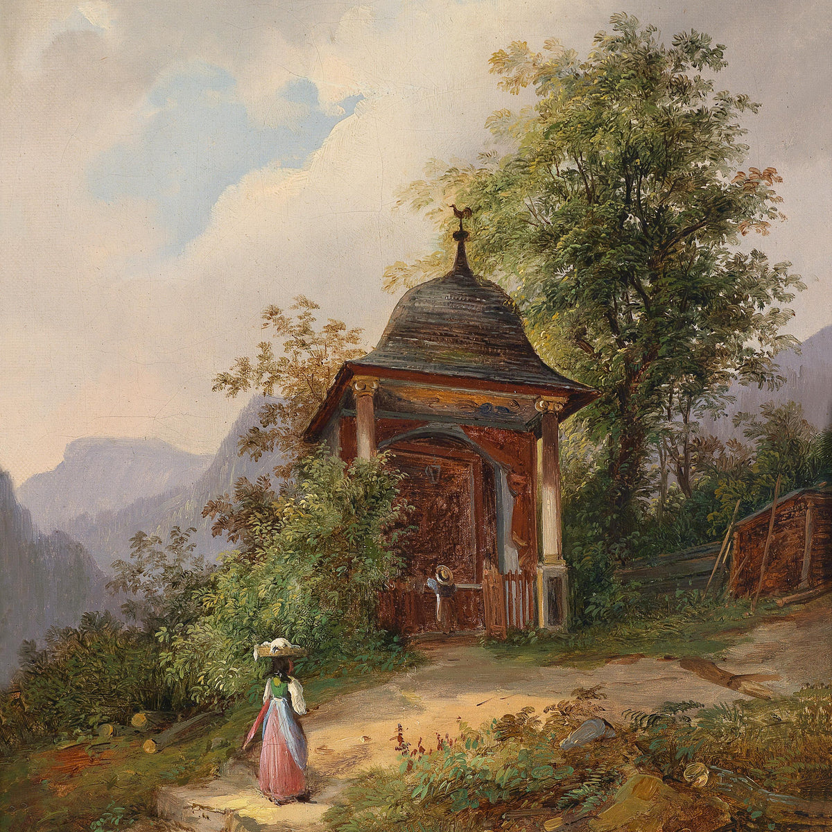 Mountain Chapel Path | Hand-Painted European Landscape Oil Painting