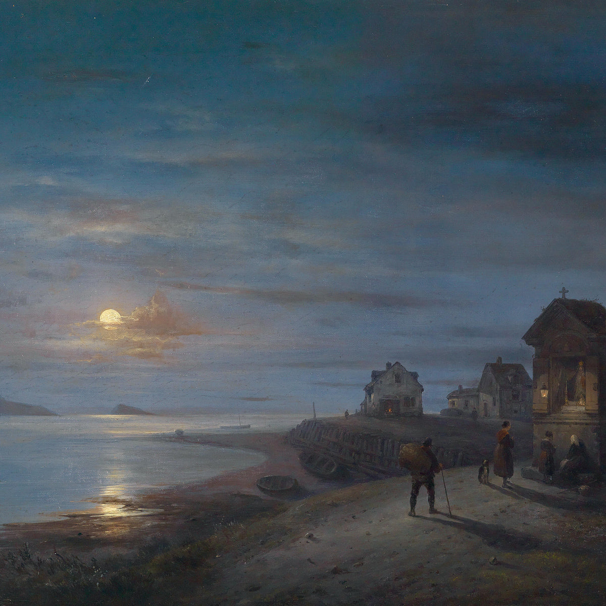Moonlit Coastal Village by the Sea | Hand-Painted Oil Painting