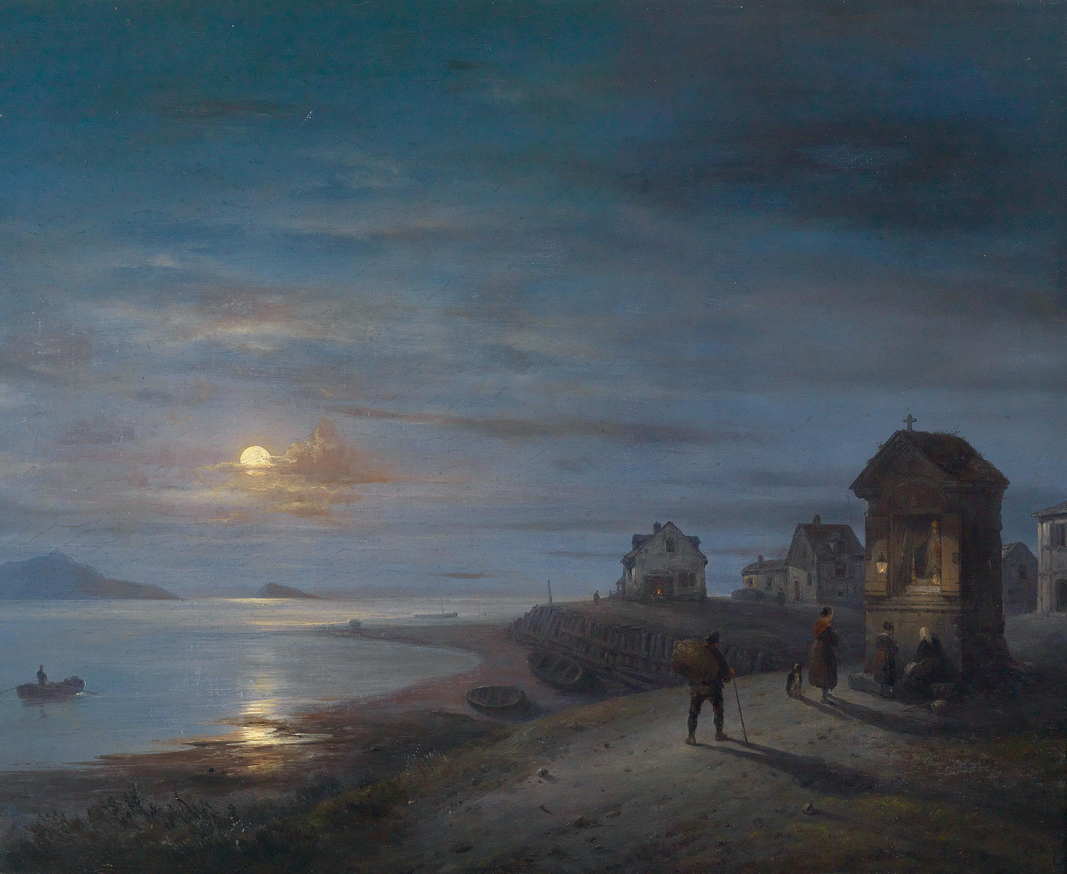 Moonlit Coastal Village by the Sea | Hand-Painted Oil Painting