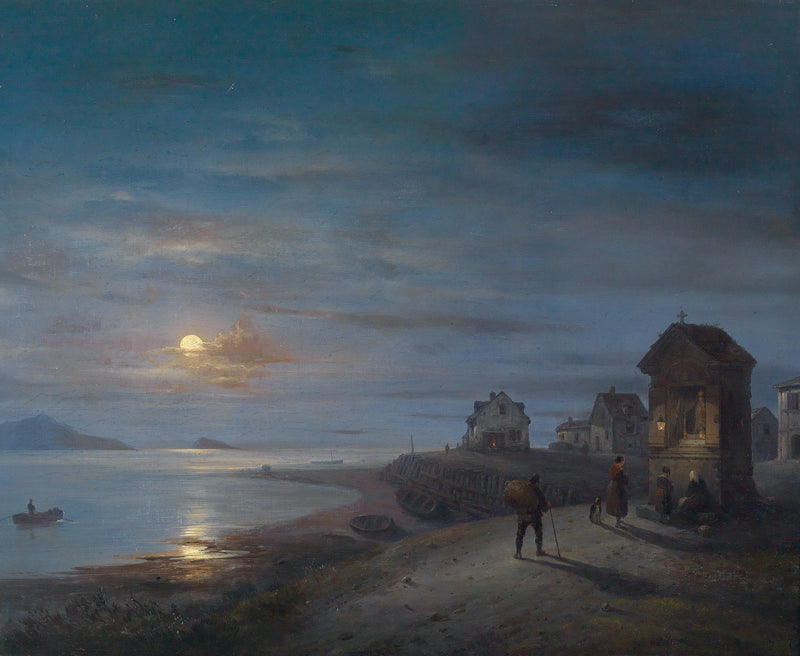 Moonlit Coastal Village by the Sea | Hand-Painted Oil Painting