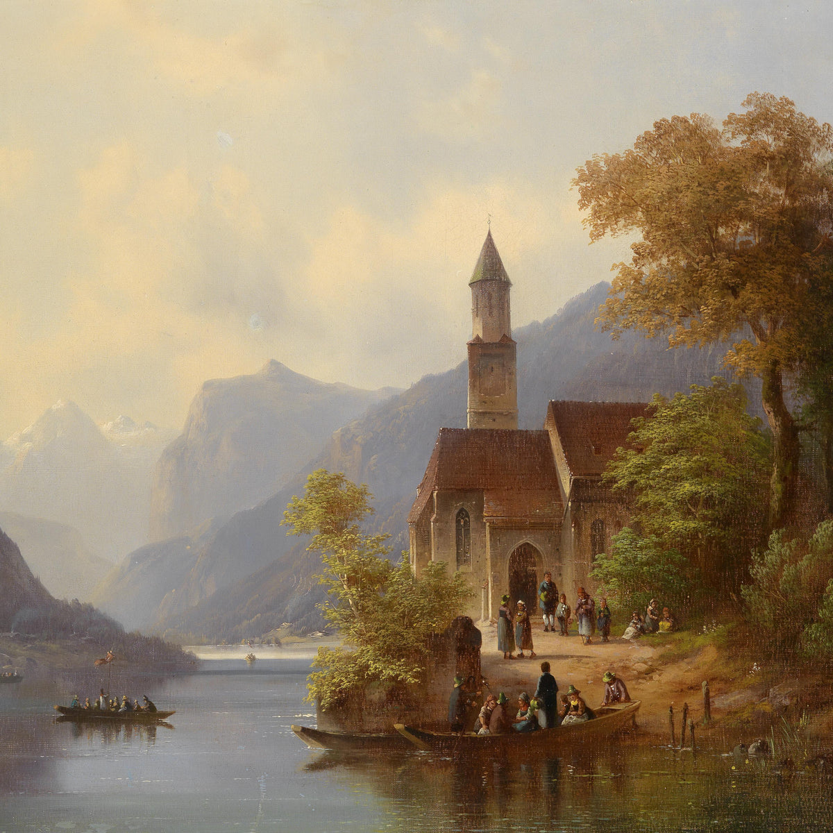 Alpine Lakeside Church Scene | Hand-Painted European Oil Painting