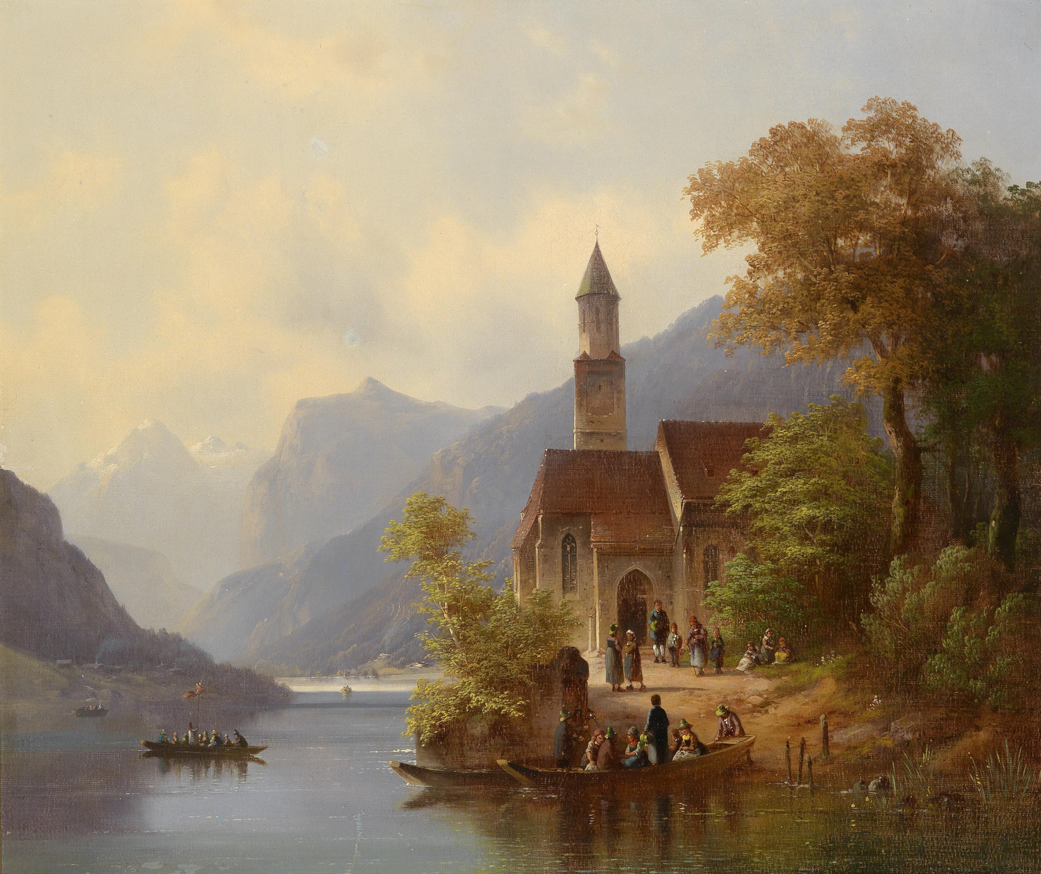 Alpine Lakeside Church Scene | Hand-Painted European Oil Painting