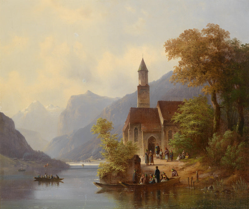 Alpine Lakeside Church Scene | Hand-Painted European Oil Painting