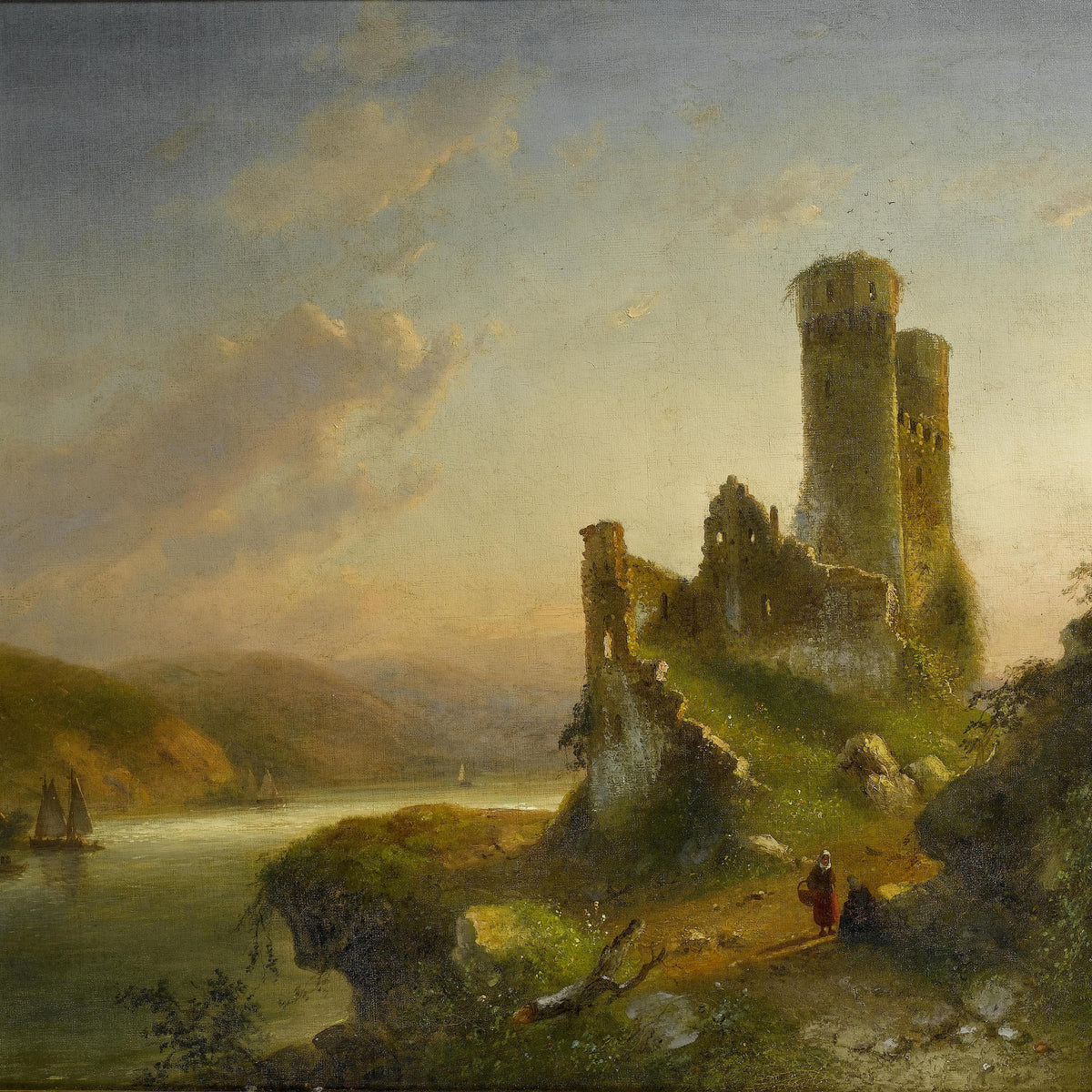 Landschaftsgemälde in Öl – Lebhafter Hafen mit Schiffen und Figuren