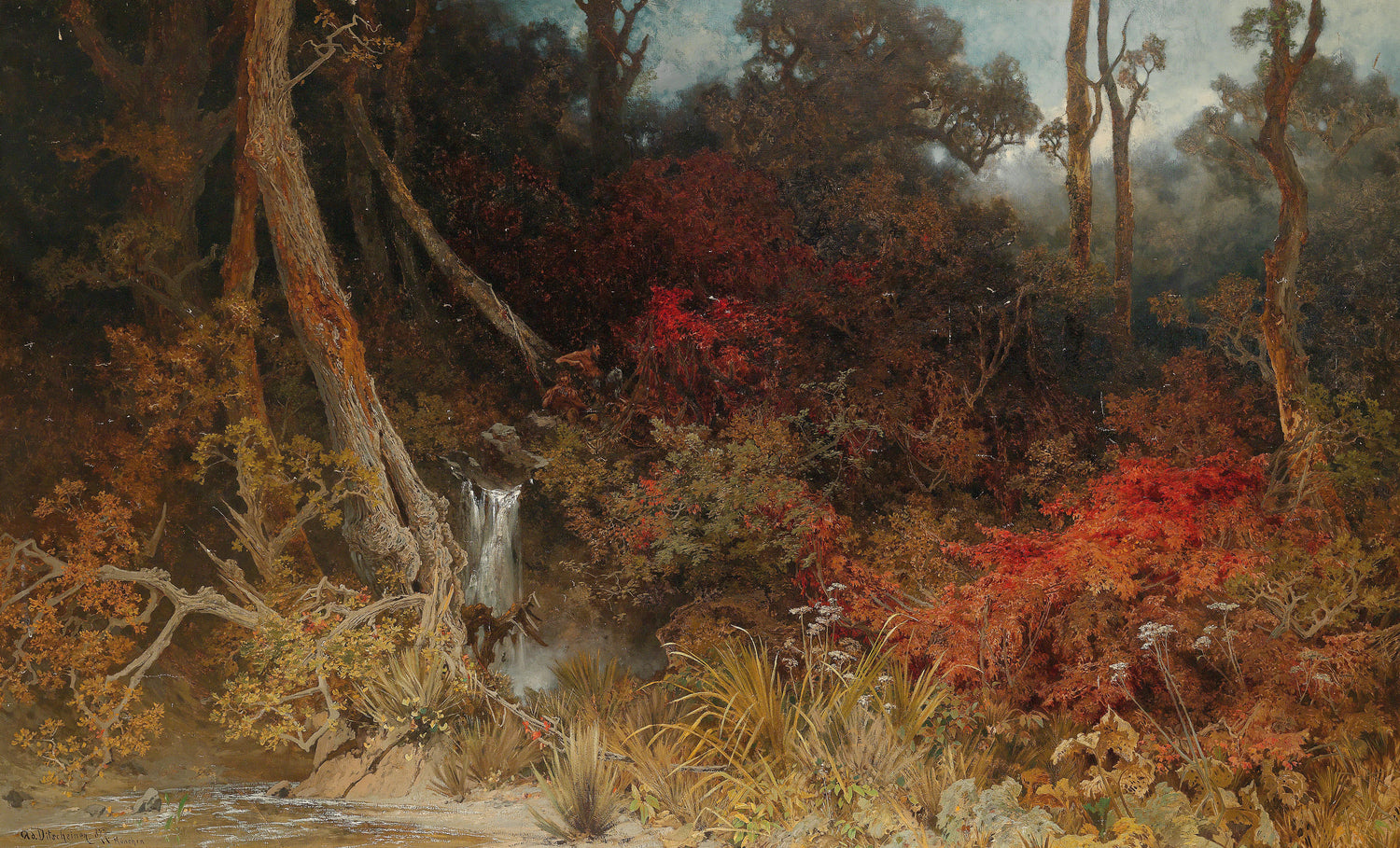 Landscape Oil Painting - Autumn Forest, Red Foliage, Ancient Trees