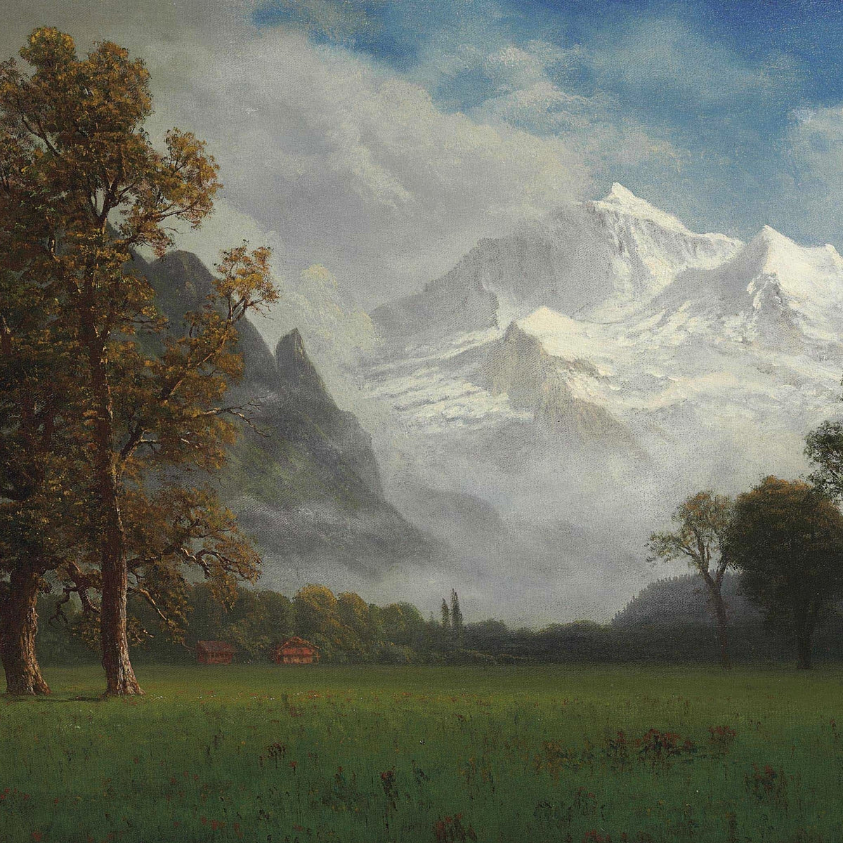 Hand-painted snowy mountain valley and meadow view landscape oil painting on canvas