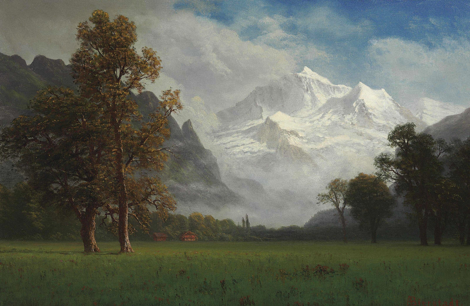 Hand-painted snowy mountain valley and meadow view landscape oil painting on canvas