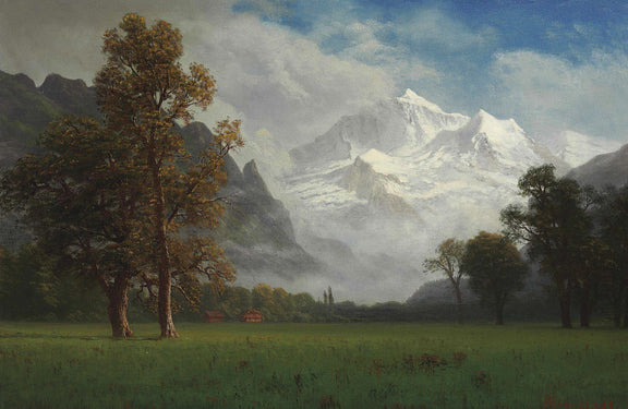 Hand-painted snowy mountain valley and meadow view landscape oil painting on canvas
