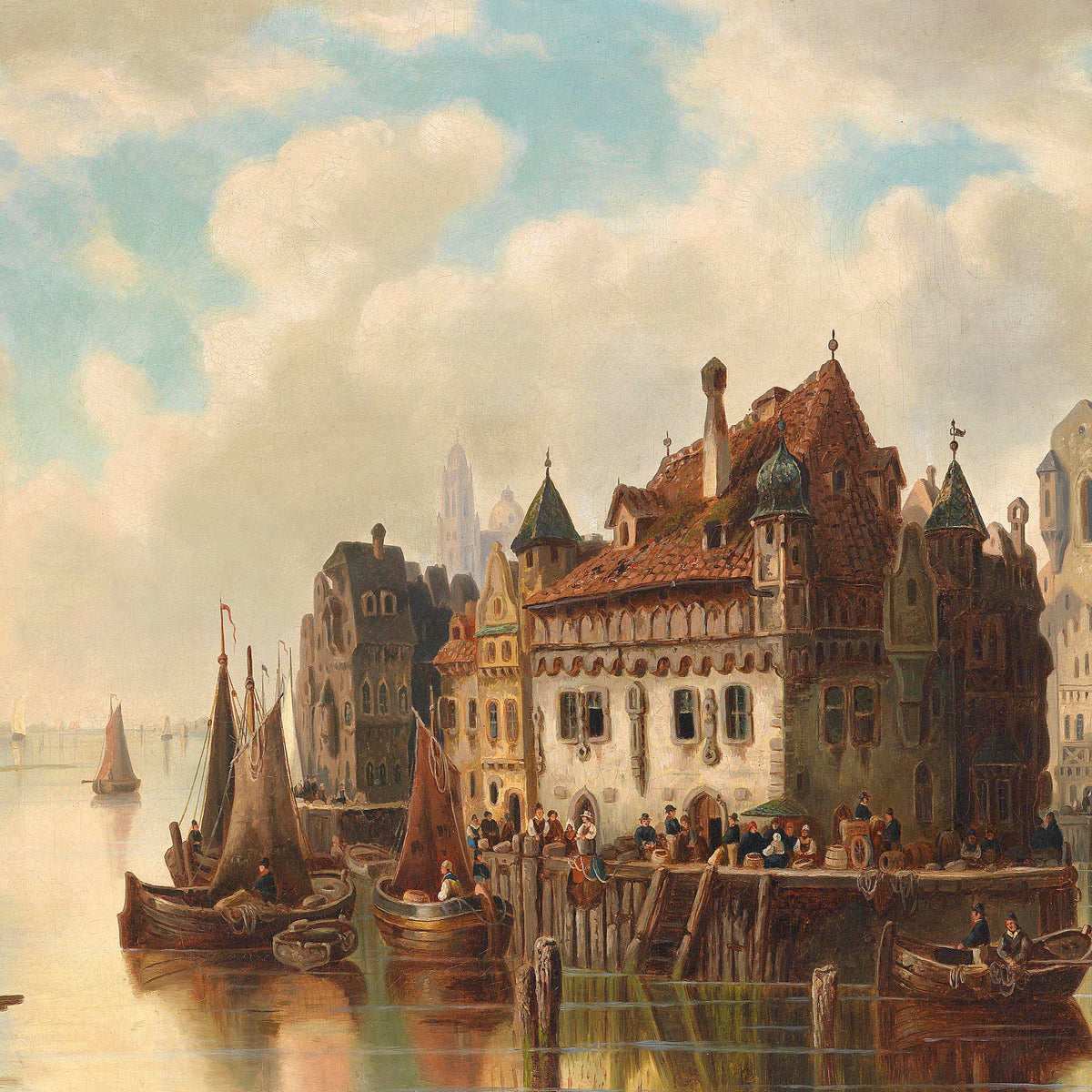 European Harbor Town | Hand-Painted Cityscape Oil Painting