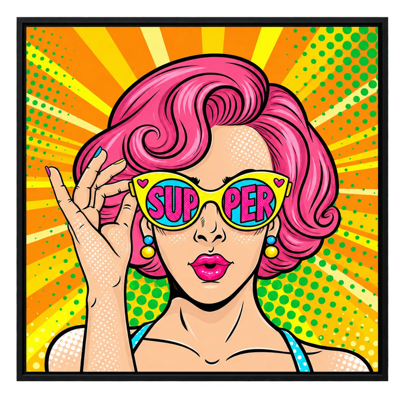 Peinture à l’huile – Femme pop art aux cheveux roses et lunettes de soleil