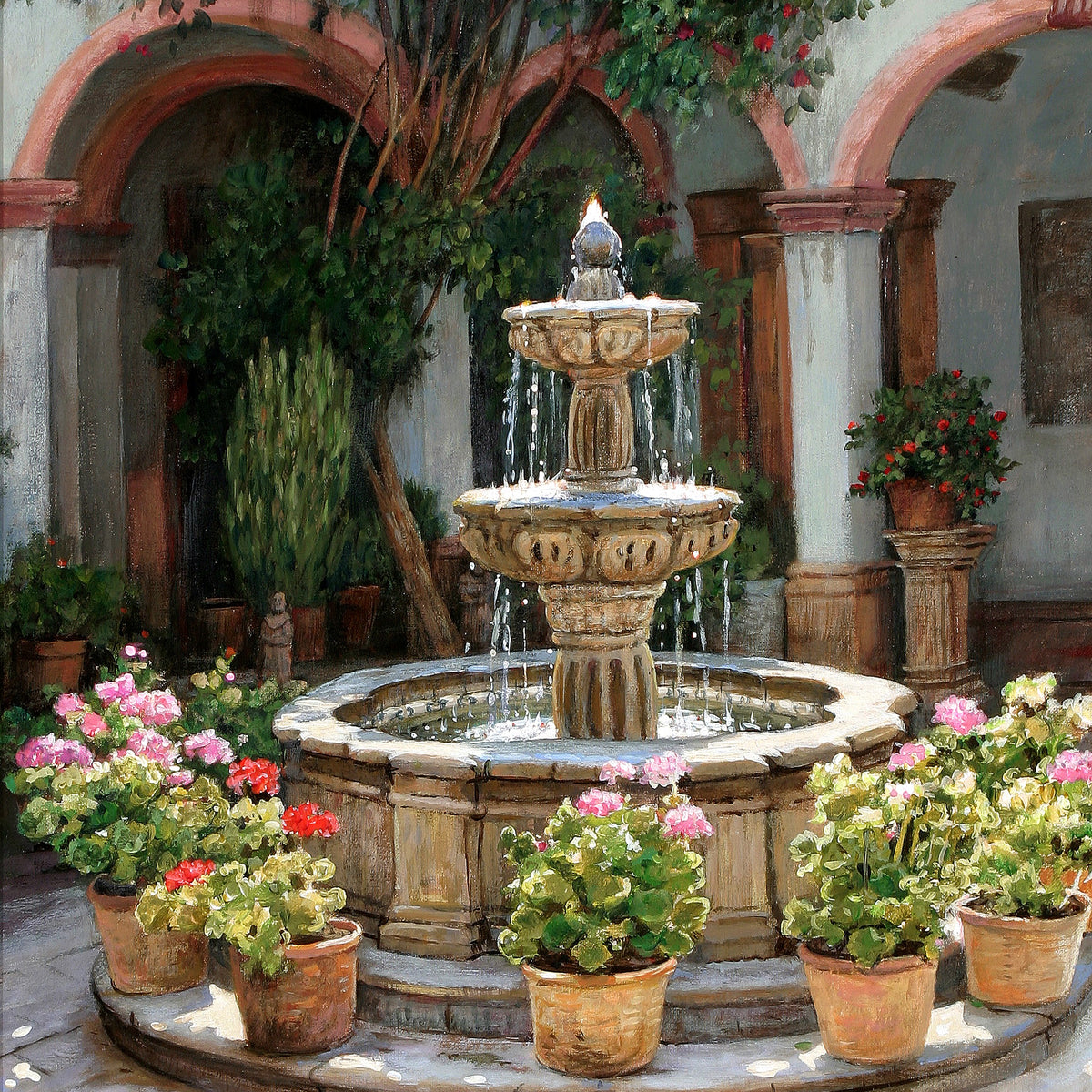 Spanish Courtyard Fountain with Flowers - Landscape Oil Painting