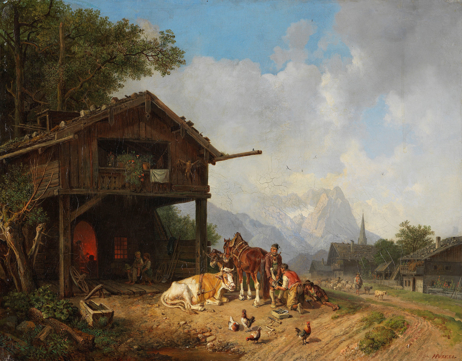 Rustic Alpine Farm Scene with Horses | Hand-Painted Oil Painting