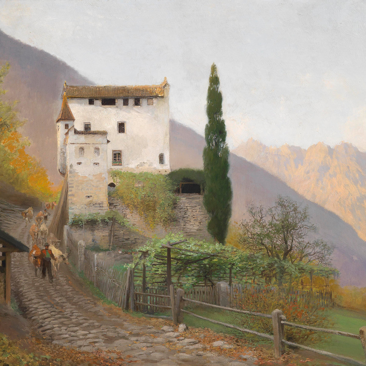 Mountain Village Castle Road | Hand-Painted Landscape Oil Painting