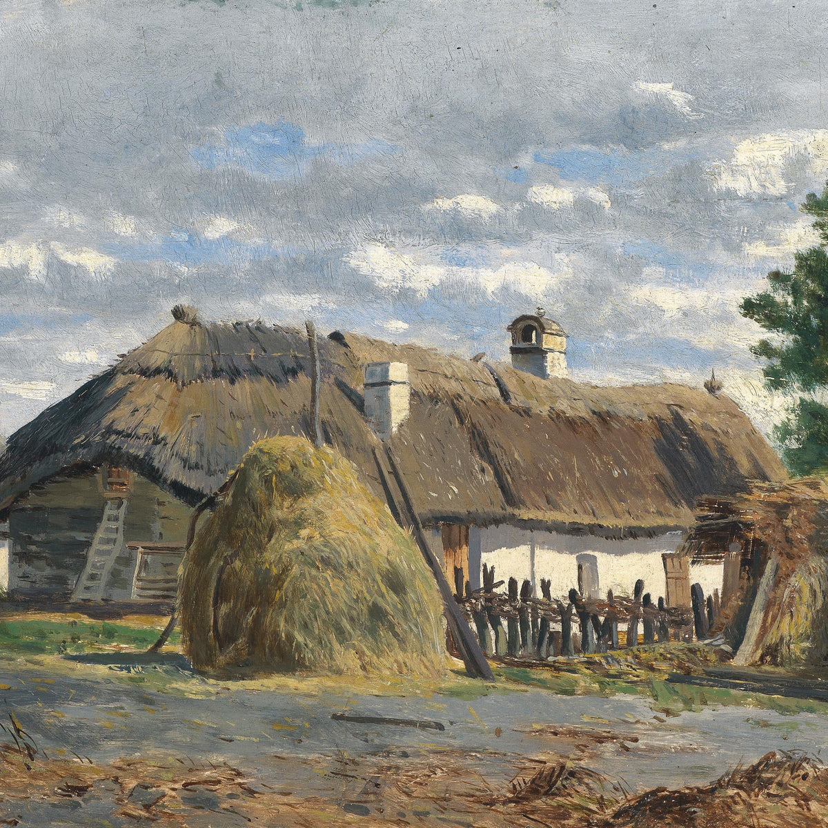 Rural Farmstead with Haystacks | Hand-Painted Landscape Oil Painting