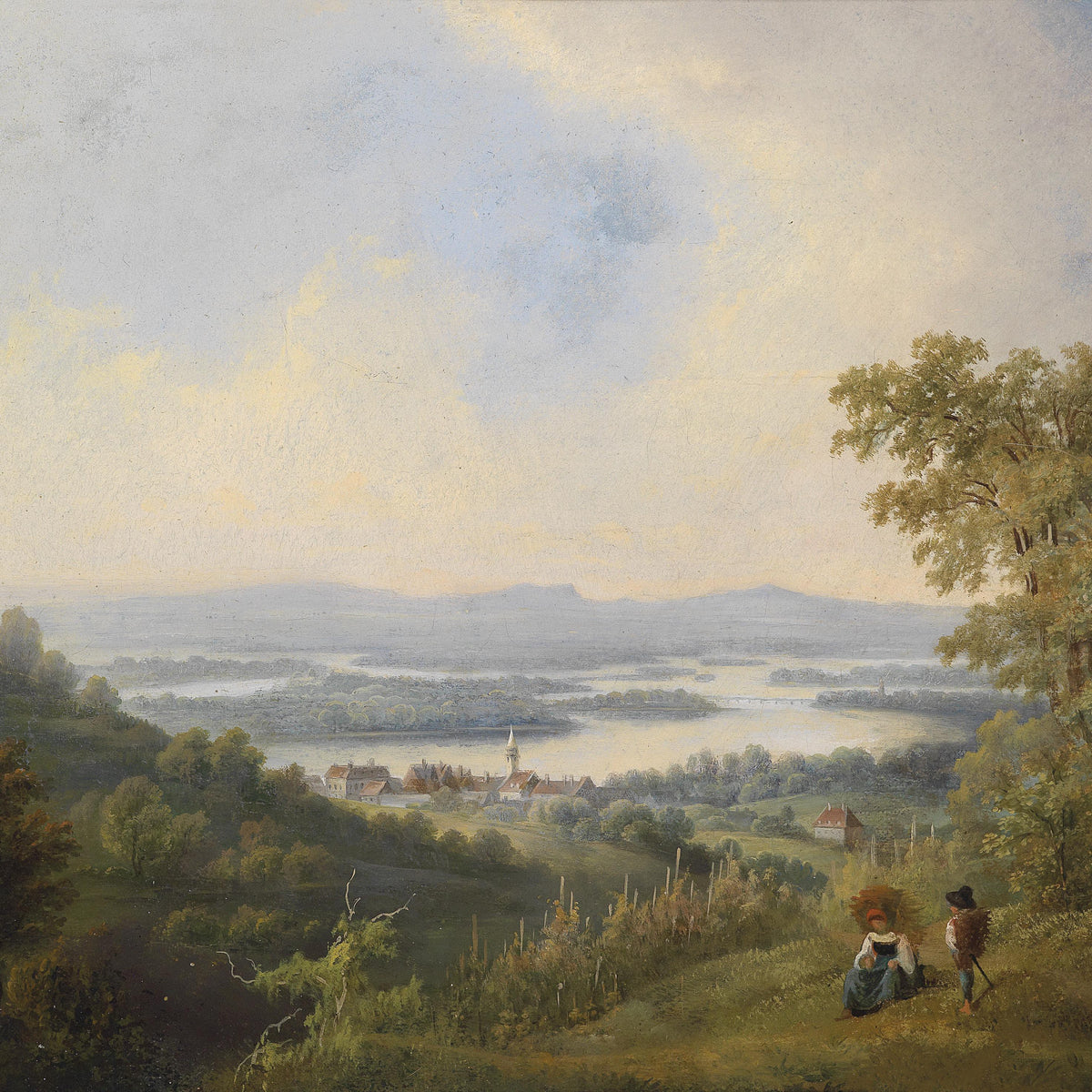 Ölgemälde Landschaft - Handgemaltes Schloss am Flussufer bei Sonnenuntergang