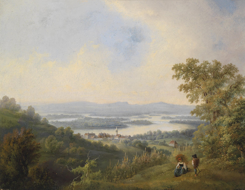 Ölgemälde Landschaft - Handgemaltes Schloss am Flussufer bei Sonnenuntergang