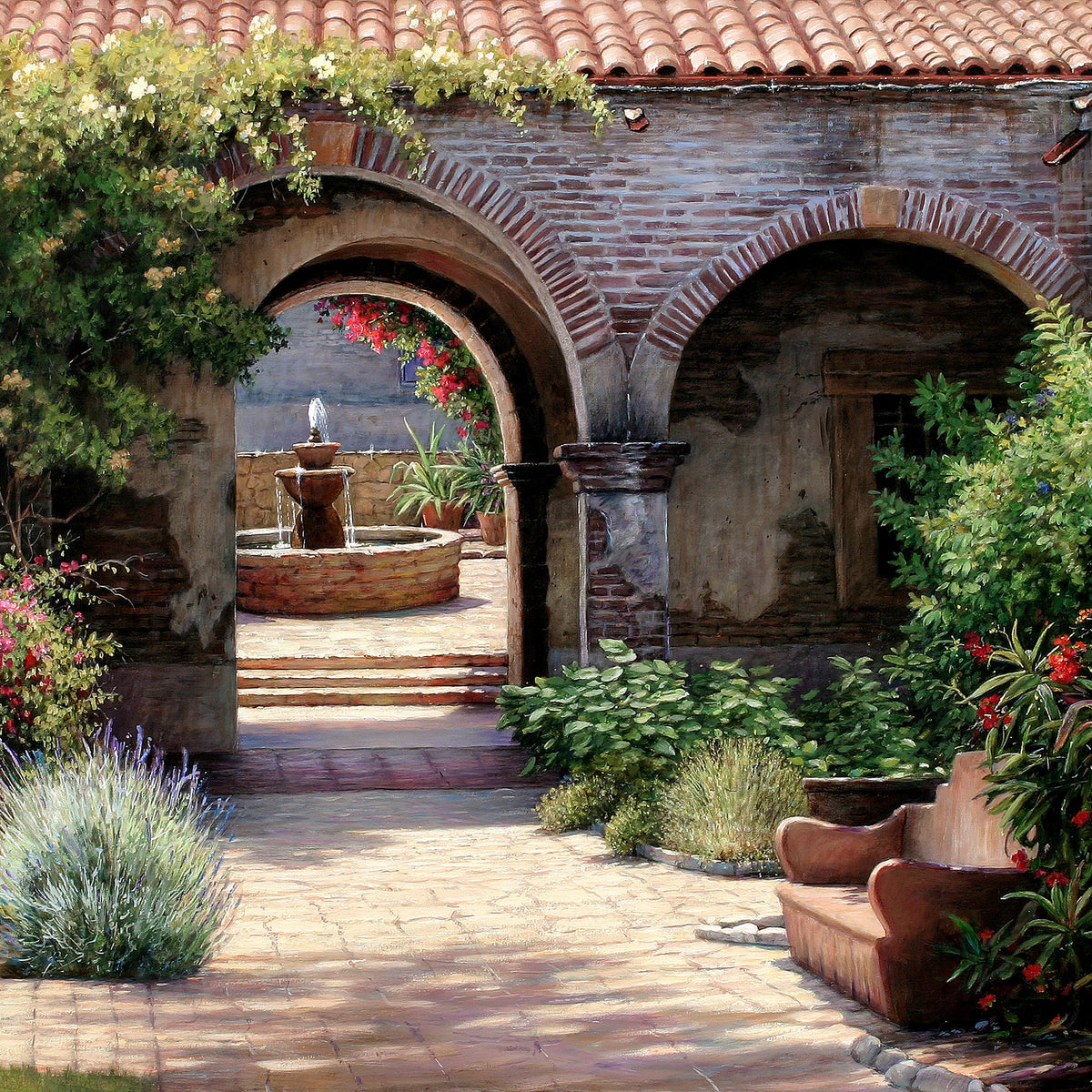 Sunlit Spanish Courtyard with Fountain - Landscape Oil Painting