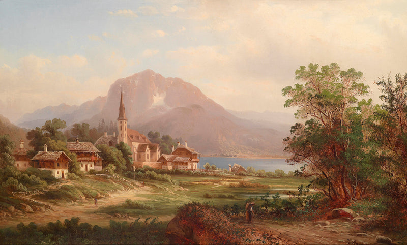 Alpine Lakeside Village with Church | Hand-Painted Landscape Oil